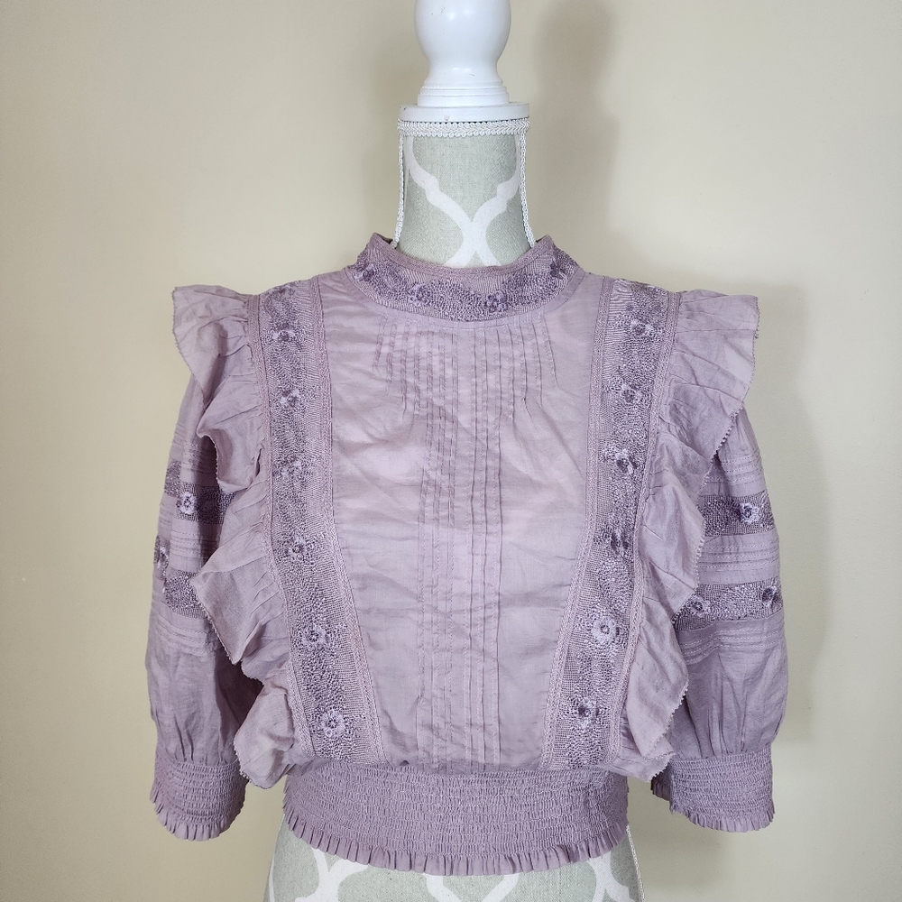 ARITZIA 100% Organic Cotton Blouse Puffed Sleeves Embroidered Medium Victorian